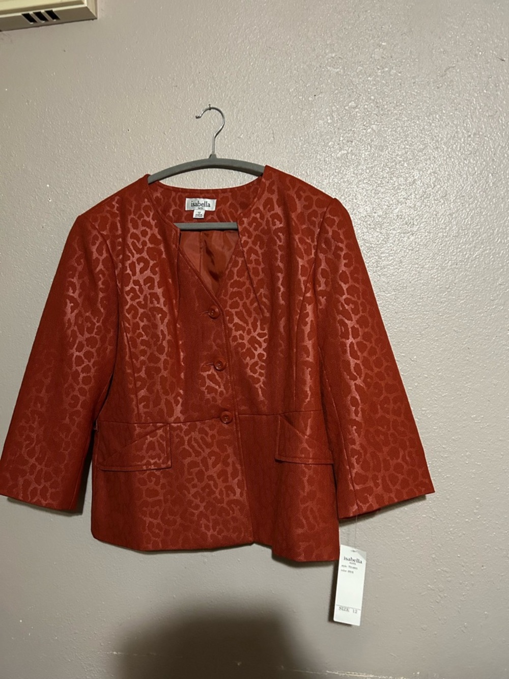 Isabella Red Animal-Texture Collarless Blazer